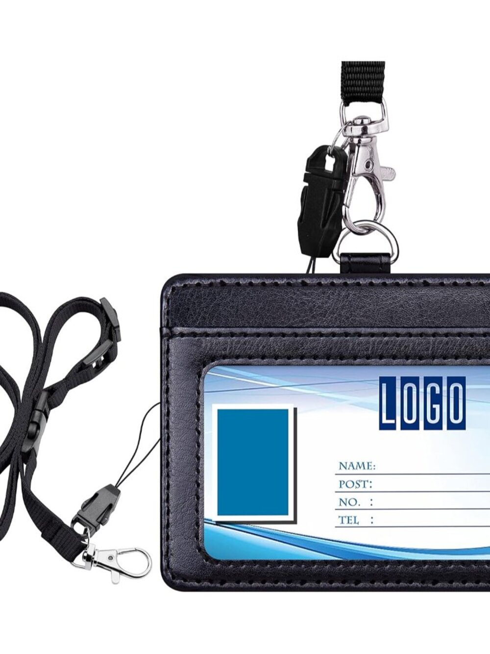 Leather 2 Sided ID Badge Holder with Lanyard, Horizontal Black